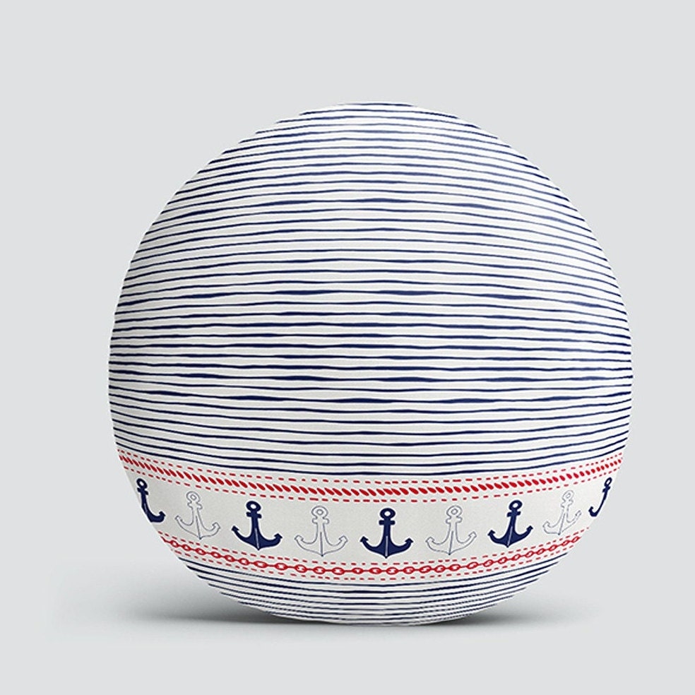 Set of 4 Nautical Round Pillow Case|Anchor and Sailor Rope Circle Pillow|Decorative Beach House Cushion|Striped Navy Marine Coastal Decor