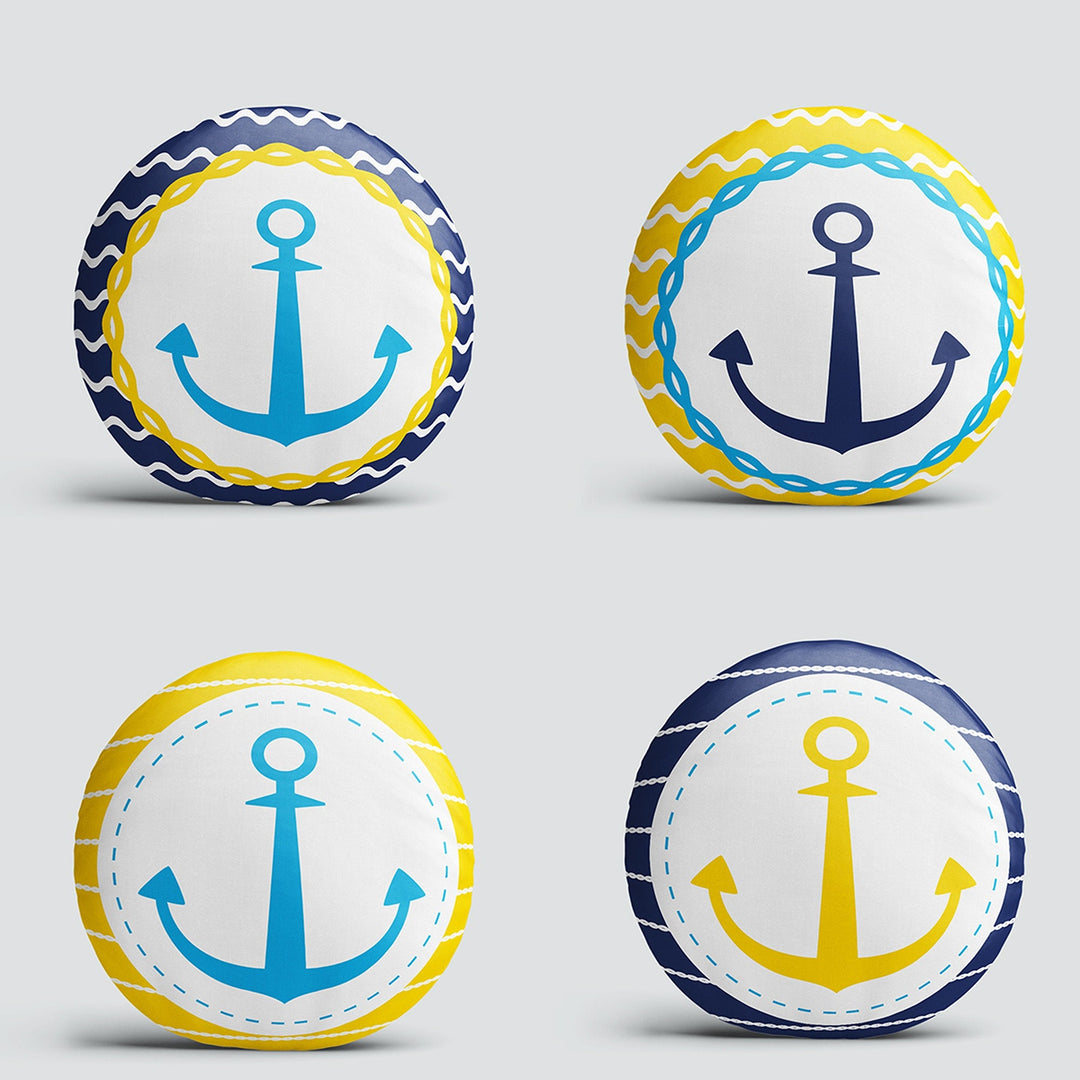 Set of 4 Nautical Round Pillow Case|Blue Yellow Anchor Print Circle Pillow|Decorative Beach House Cushion|Summer Trend Coastal Home Decor