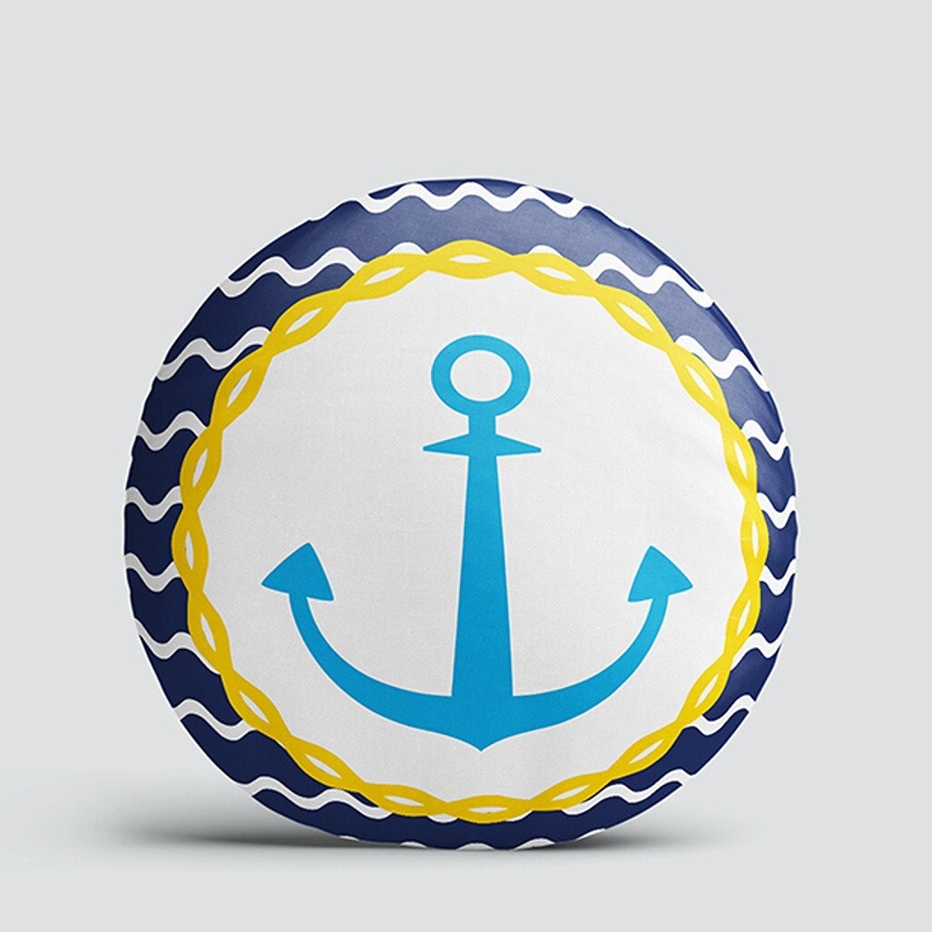 Set of 4 Nautical Round Pillow Case|Blue Yellow Anchor Print Circle Pillow|Decorative Beach House Cushion|Summer Trend Coastal Home Decor