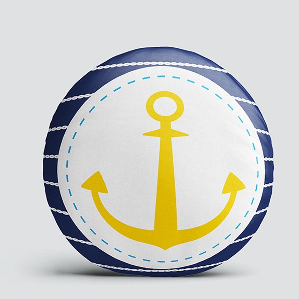 Set of 4 Nautical Round Pillow Case|Blue Yellow Anchor Print Circle Pillow|Decorative Beach House Cushion|Summer Trend Coastal Home Decor