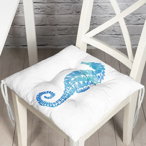 Puffy Chair Cushion|Nautical Seahorse Coral Seat Pad with Ties|Summer Trend Seashell Starfish Soft Chair Pad|Coastal Outdoor Seat Cushion
