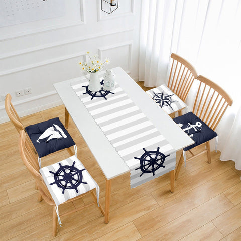 Set of 4 Puffy Chair Pads and 1 Table Runner|Anchor Wheel Compass Boat Chair Cushion and Tabletop Set|Navy Marine Seat Pad and Tablecloth