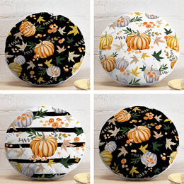 Set of 4 Fall Trend Round Pillow Case|Striped Pumpkin Circle Pillow Top|Decorative Autumn Cushion Cover|Orange Gray Pumpkin and Leaves Decor
