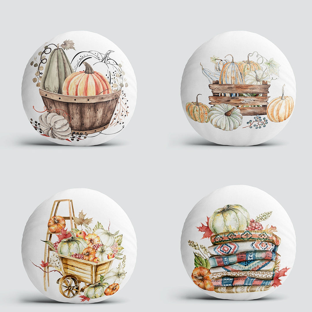 Set of 4 Fall Trend Round Pillow Case|Pumpkin Print Circle Pillow Top|Decorative Autumn Cushion Cover|Orange Green Pumpkin with Leaves Decor