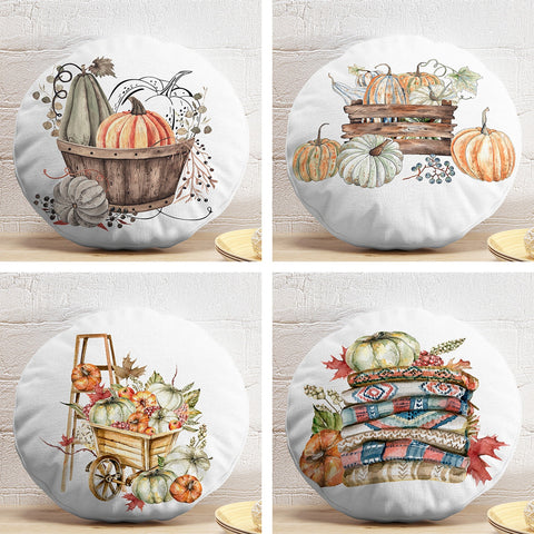 Set of 4 Fall Trend Round Pillow Case|Pumpkin Print Circle Pillow Top|Decorative Autumn Cushion Cover|Orange Green Pumpkin with Leaves Decor
