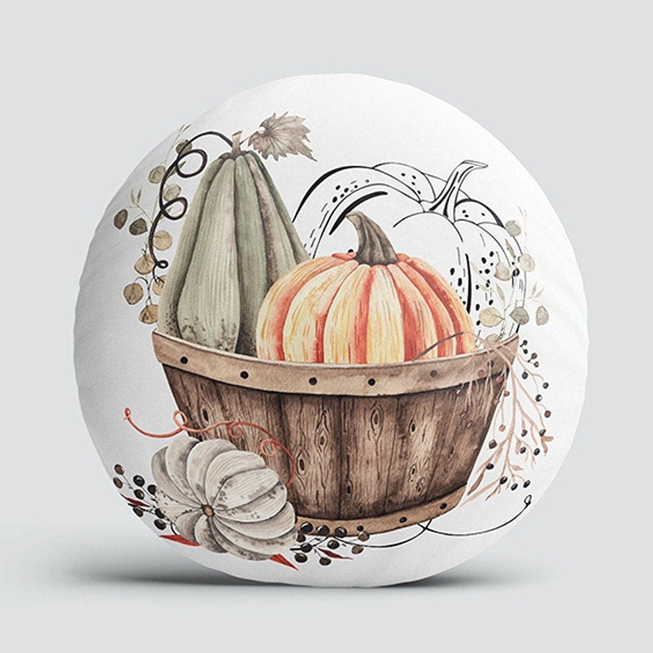 Set of 4 Fall Trend Round Pillow Case|Pumpkin Print Circle Pillow Top|Decorative Autumn Cushion Cover|Orange Green Pumpkin with Leaves Decor