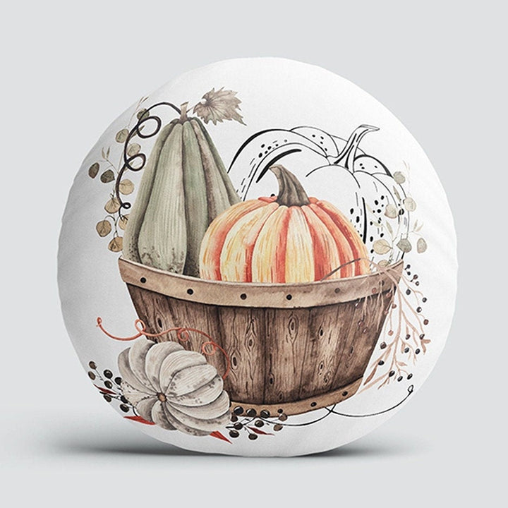 Set of 4 Fall Trend Round Pillow Case|Pumpkin Print Circle Pillow Top|Decorative Autumn Cushion Cover|Orange Green Pumpkin with Leaves Decor