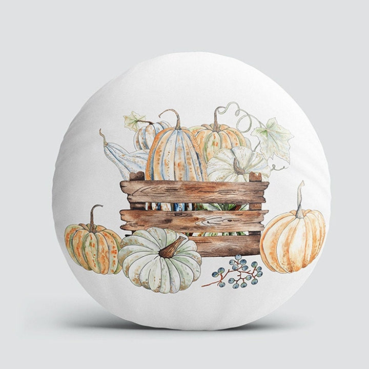 Set of 4 Fall Trend Round Pillow Case|Pumpkin Print Circle Pillow Top|Decorative Autumn Cushion Cover|Orange Green Pumpkin with Leaves Decor