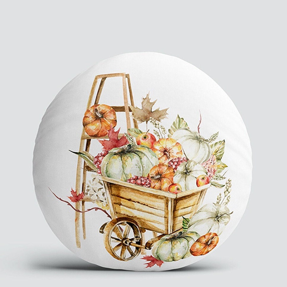 Set of 4 Fall Trend Round Pillow Case|Pumpkin Print Circle Pillow Top|Decorative Autumn Cushion Cover|Orange Green Pumpkin with Leaves Decor