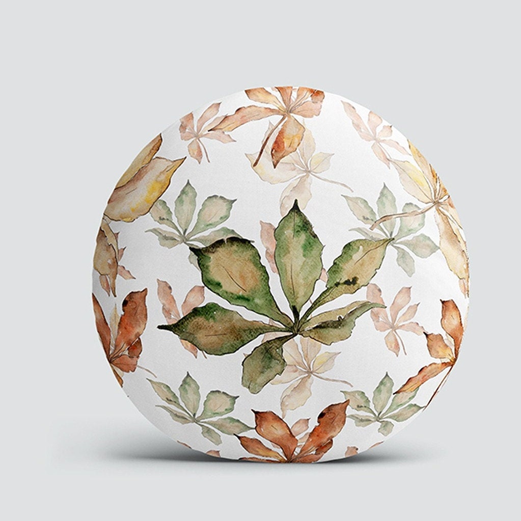 Set of 4 Fall Trend Round Pillow Case|Dry Leaves Print Circle Pillowtop|Decorative Autumn Cushion Cover|Brown Green Leaf Round Pillowcase