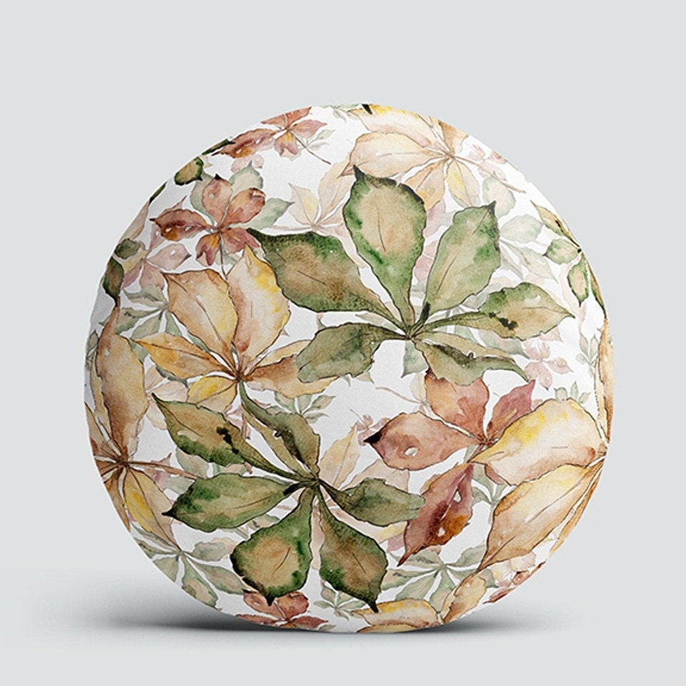 Set of 4 Fall Trend Round Pillow Case|Dry Leaves Print Circle Pillowtop|Decorative Autumn Cushion Cover|Brown Green Leaf Round Pillowcase