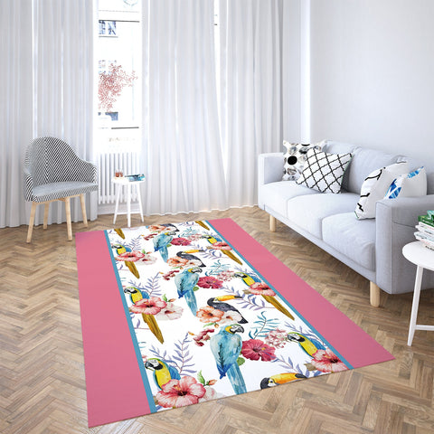 Floral Parrot Rectangle Rug|Non-Slip Carpet|Geometric 3D Design Carpet|Decorative Area Rug|Bird and Flower Print Multi-Purpose Anti-Slip Rug