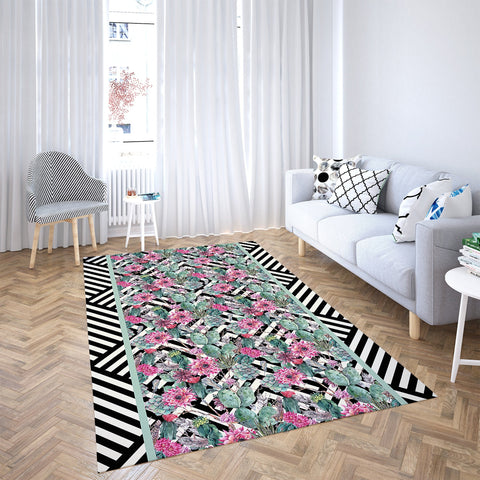 Floral Green Cactus Rectangle Rug|Non-Slip Carpet|Geometric 3D Design Carpet|Decorative Area Rug|Succulent Print Multi-Purpose Anti-Slip Rug