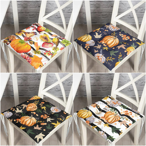 Puffy Chair Cushion|Fall Trend Seat Pad with Ties|Striped Orange Gray Pumpkin Soft Chair Pad|Housewarming Autumn Outdoor Square Seat Cushion
