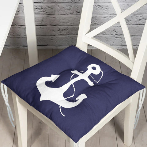 Puffy Chair Cushion|Nautical Navy Blue Seat Pad with Ties|Anchor Wheel Compass and Sailing Boat Soft Chair Pad|Coastal Outdoor Seat Cushion