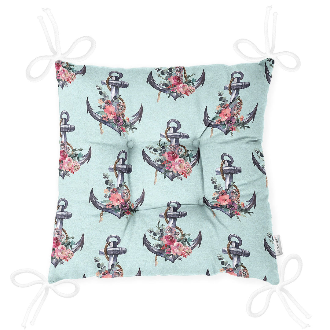 Puffy Chair Cushion|Nautical Seat Pad with Ties|Floral Anchor Wheel Soft Chair Pad|Coastal Outdoor Seat Cushion|Beach House Kitchen Decor