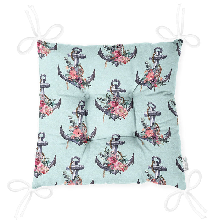Puffy Chair Cushion|Nautical Seat Pad with Ties|Floral Anchor Wheel Soft Chair Pad|Coastal Outdoor Seat Cushion|Beach House Kitchen Decor