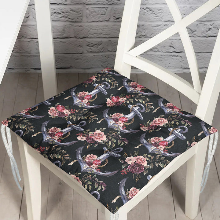 Puffy Chair Cushion|Nautical Seat Pad with Ties|Floral Anchor Wheel Soft Chair Pad|Coastal Outdoor Seat Cushion|Beach House Kitchen Decor