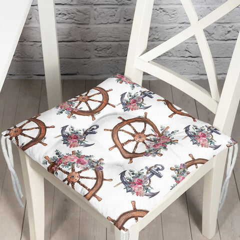 Puffy Chair Cushion|Nautical Seat Pad with Ties|Floral Anchor Wheel Soft Chair Pad|Coastal Outdoor Seat Cushion|Beach House Kitchen Decor