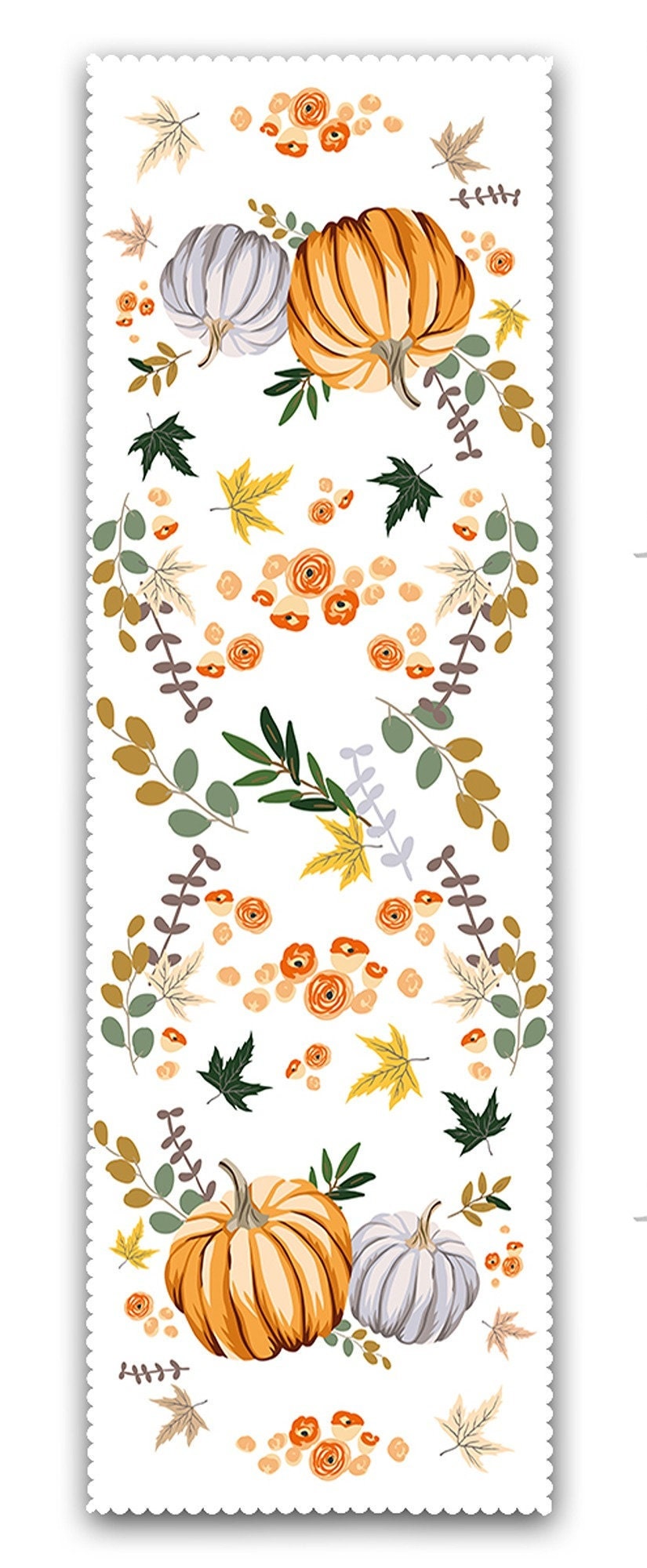 Set of 4 Fall Trend Chair Pads and 1 Table Runner|Floral Orange Gray Pumpkin Chair Cushion and Tabletop Set|Autumn Seat Pad and Tablecloth