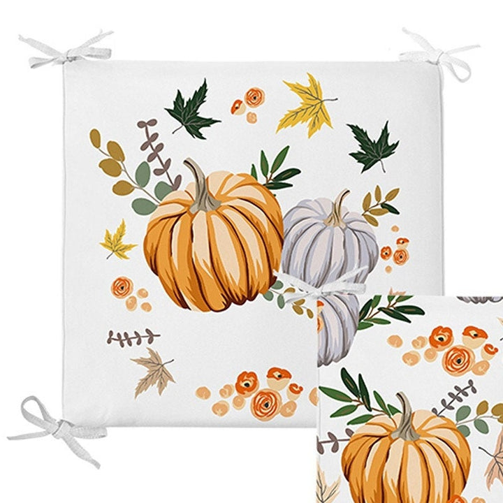 Set of 4 Fall Trend Chair Pads and 1 Table Runner|Floral Orange Gray Pumpkin Chair Cushion and Tabletop Set|Autumn Seat Pad and Tablecloth