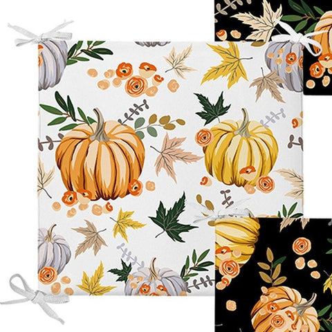 Set of 4 Fall Trend Chair Pads and 1 Table Runner|Striped Orange Gray Pumpkin Chair Cushion and Tabletop Set|Autumn Seat Pad and Tablecloth