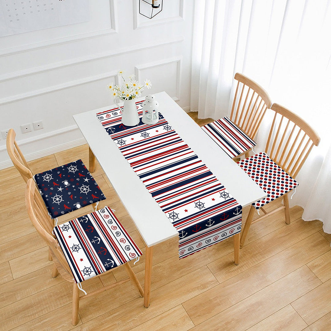 Set of 4 Nautical Chair Pads and 1 Table Runner|Striped Anchor Wheel Print Chair Cushion and Tabletop Set|Blue Red White Coastal Table Decor