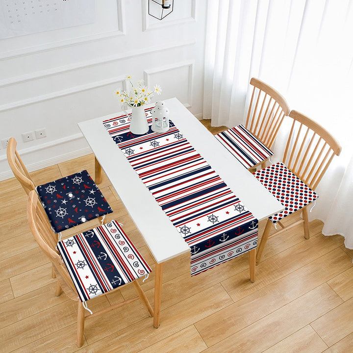 Set of 4 Nautical Chair Pads and 1 Table Runner|Striped Anchor Wheel Print Chair Cushion and Tabletop Set|Blue Red White Coastal Table Decor