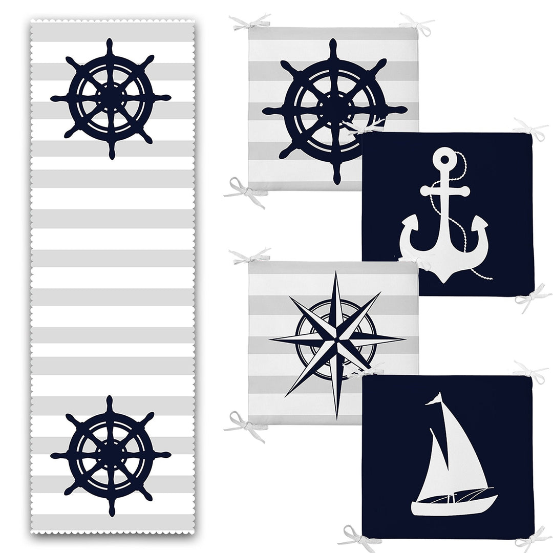 Set of 4 Nautical Chair Pads and 1 Table Runner|Anchor Wheel Compass Boat Cushion and Tabletop Set|Blue White Navy Seat Pad and Tablecloth