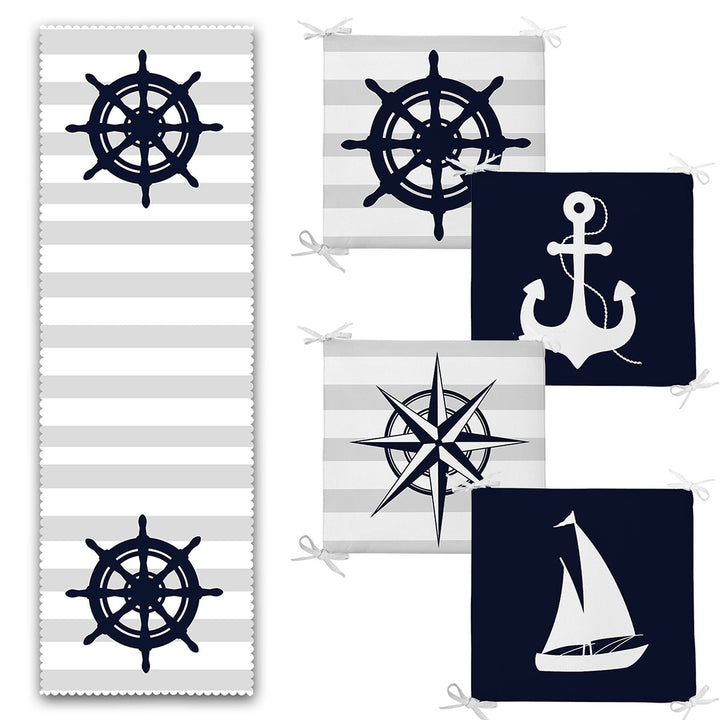 Set of 4 Nautical Chair Pads and 1 Table Runner|Anchor Wheel Compass Boat Cushion and Tabletop Set|Blue White Navy Seat Pad and Tablecloth