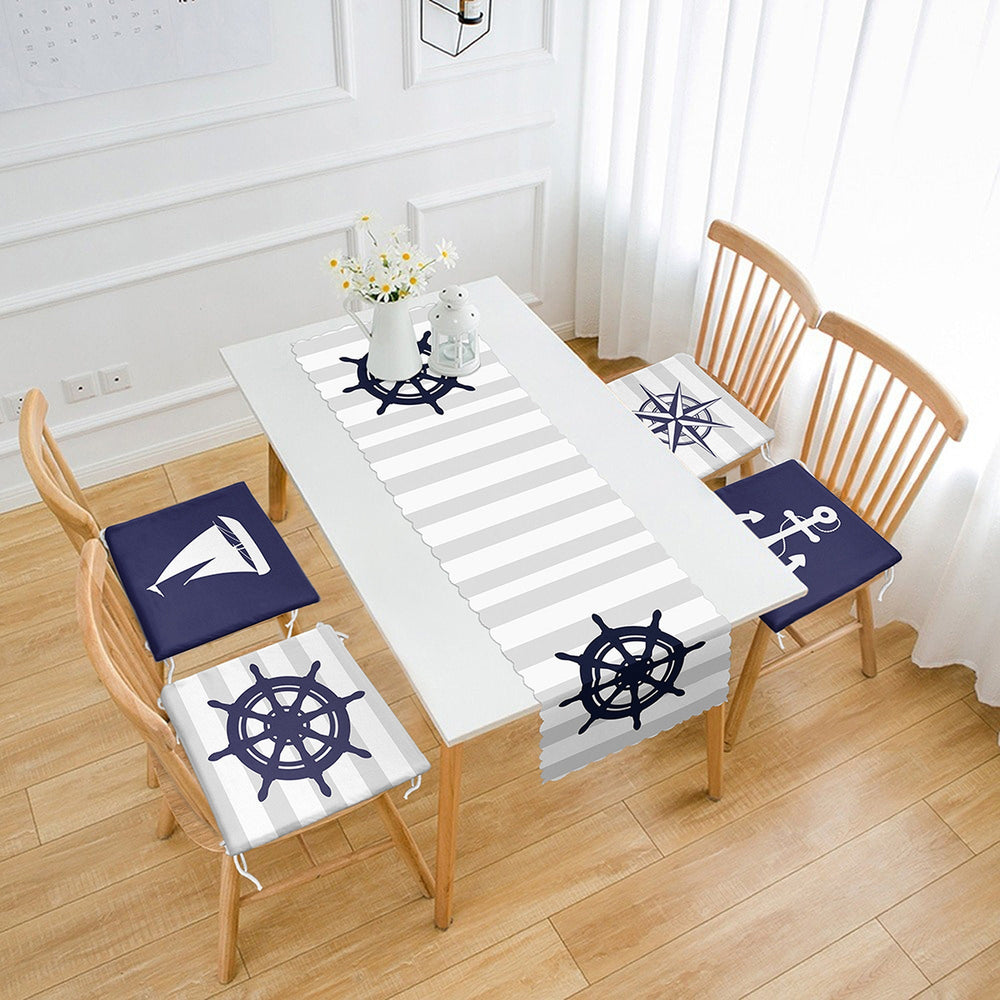 Set of 4 Nautical Chair Pads and 1 Table Runner|Anchor Wheel Compass Boat Cushion and Tabletop Set|Blue White Navy Seat Pad and Tablecloth