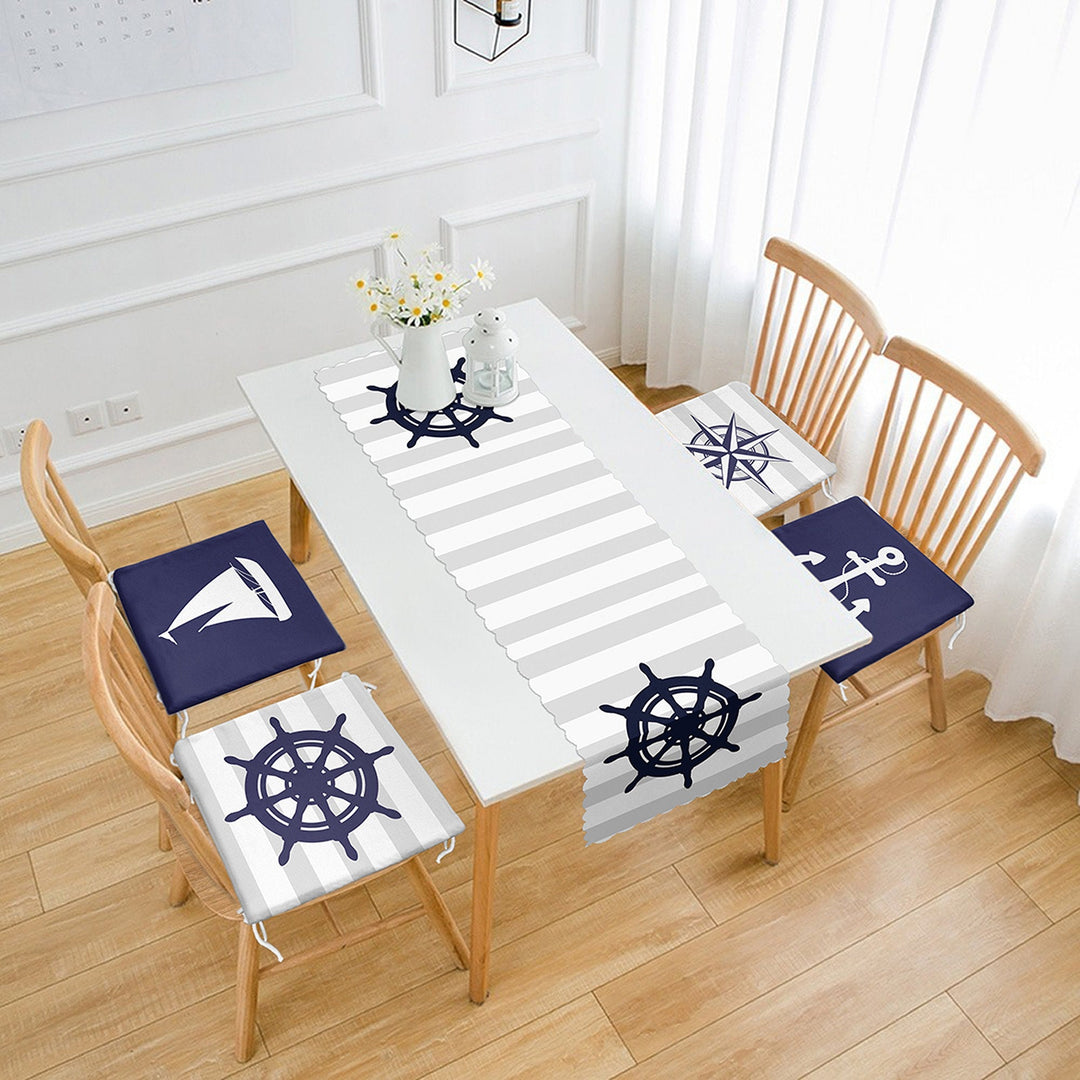 Set of 4 Nautical Chair Pads and 1 Table Runner|Anchor Wheel Compass Boat Cushion and Tabletop Set|Blue White Navy Seat Pad and Tablecloth