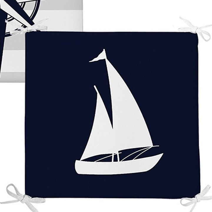 Set of 4 Nautical Chair Pads and 1 Table Runner|Anchor Wheel Compass Boat Cushion and Tabletop Set|Blue White Navy Seat Pad and Tablecloth