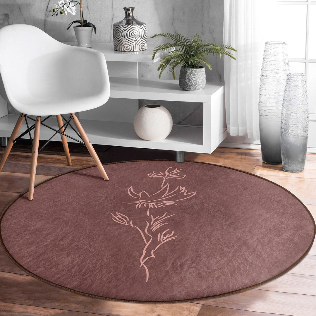 Onedraw Floral Round Rug|Non-Slip Round Carpet|Abstract Floral Circle Carpet|Minimalist Area Rug|Modern Home Decor|Decorative Anti-Slip Mat
