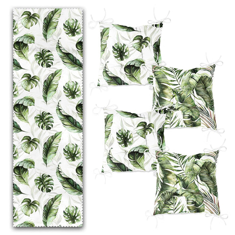 Set of 4 Puffy Chair Pads and 1 Table Runner|Tropical Leaves Chair Cushion and Tabletop Set|Green Leaves Print Seat Pad and Tablecloth