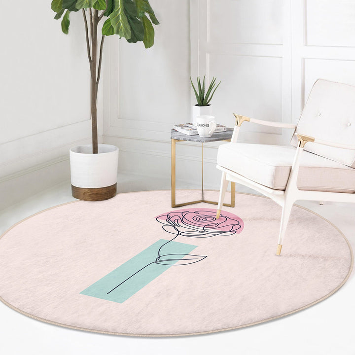 Onedraw Floral Round Rug|Non-Slip Round Carpet|Abstract Daisy Circle Carpet|Minimalist Area Rug|Rose Home Decor|Decorative Anti-Slip Mat
