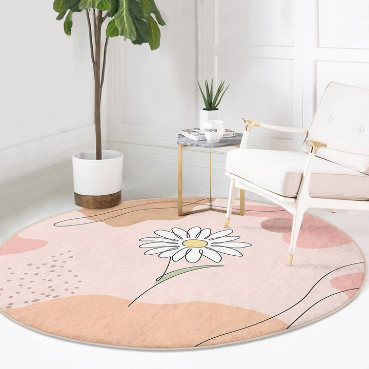 Onedraw Floral Round Rug|Non-Slip Round Carpet|Abstract Daisy Circle Carpet|Minimalist Area Rug|Rose Home Decor|Decorative Anti-Slip Mat