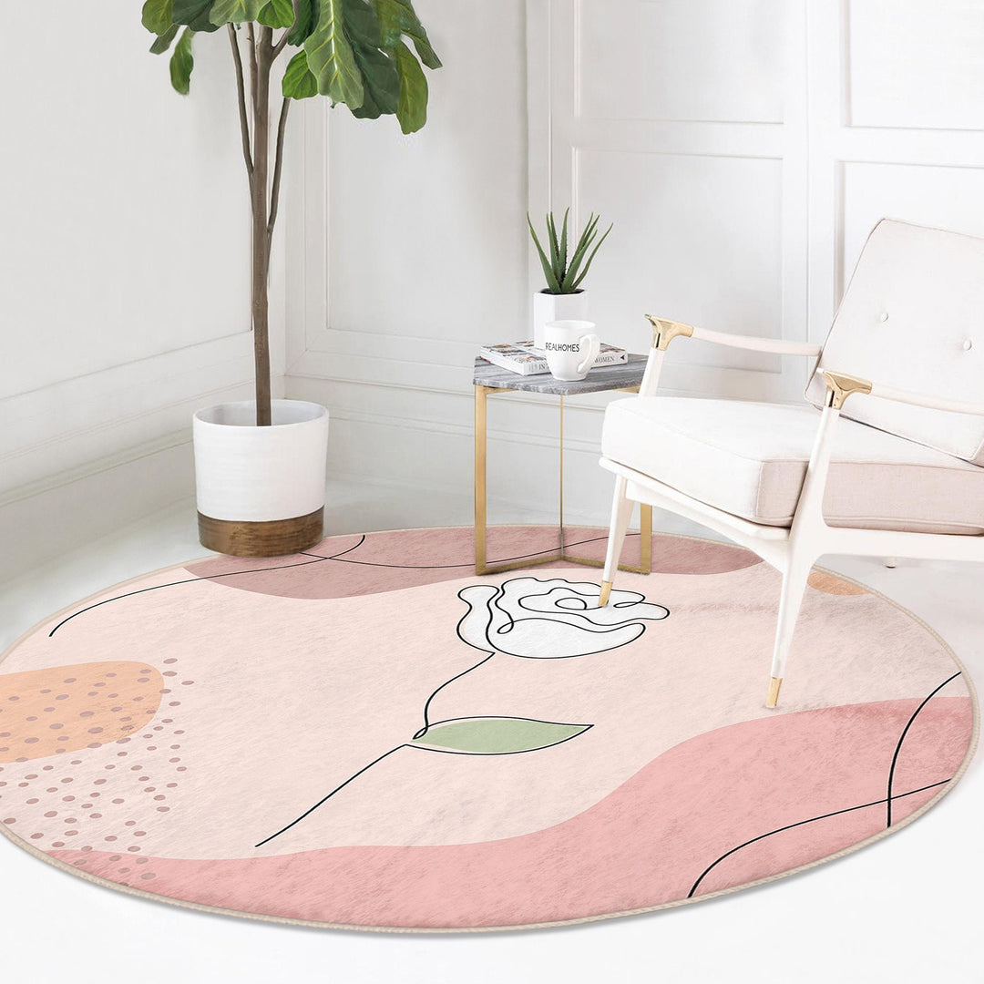Onedraw Floral Round Rug|Non-Slip Round Carpet|Abstract Daisy Circle Carpet|Minimalist Area Rug|Rose Home Decor|Decorative Anti-Slip Mat