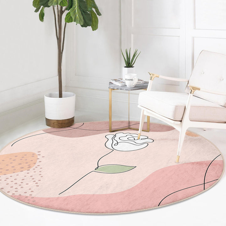 Onedraw Floral Round Rug|Non-Slip Round Carpet|Abstract Daisy Circle Carpet|Minimalist Area Rug|Rose Home Decor|Decorative Anti-Slip Mat