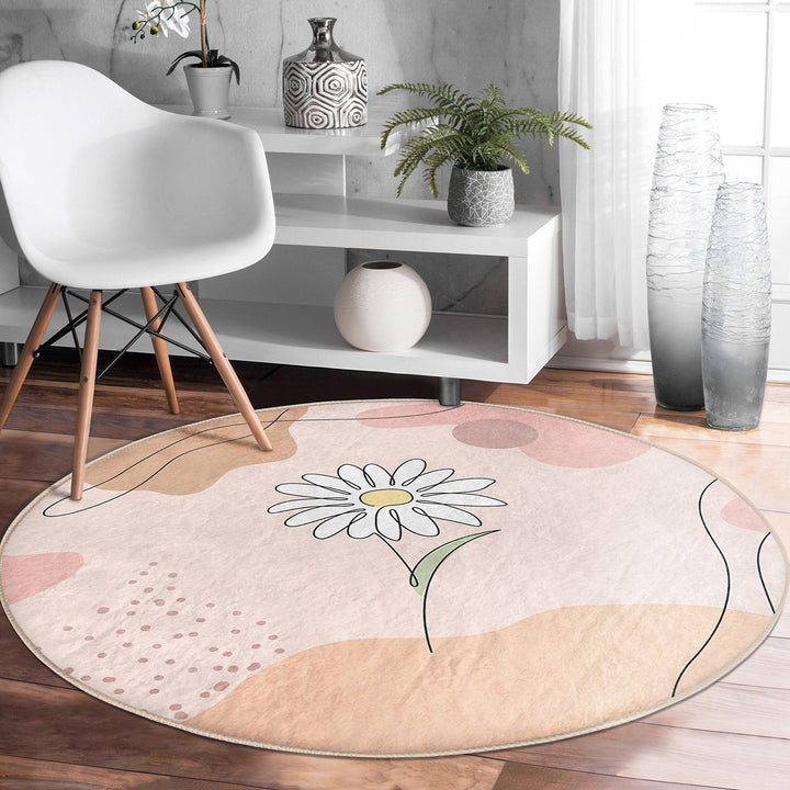 Onedraw Floral Round Rug|Non-Slip Round Carpet|Abstract Daisy Circle Carpet|Minimalist Area Rug|Rose Home Decor|Decorative Anti-Slip Mat