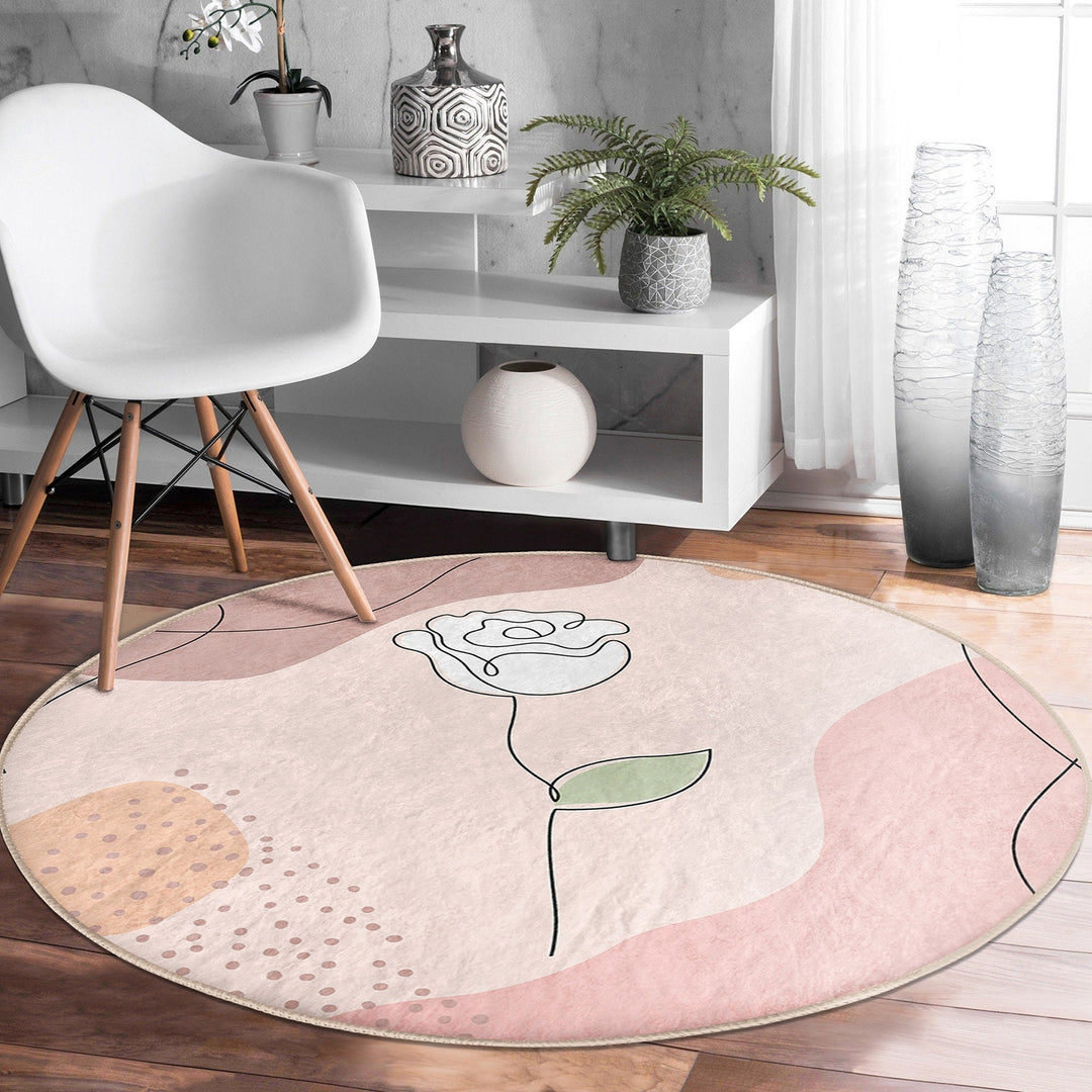 Onedraw Floral Round Rug|Non-Slip Round Carpet|Abstract Daisy Circle Carpet|Minimalist Area Rug|Rose Home Decor|Decorative Anti-Slip Mat