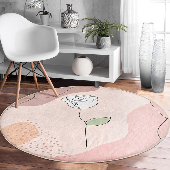 Onedraw Floral Round Rug|Non-Slip Round Carpet|Abstract Daisy Circle Carpet|Minimalist Area Rug|Rose Home Decor|Decorative Anti-Slip Mat