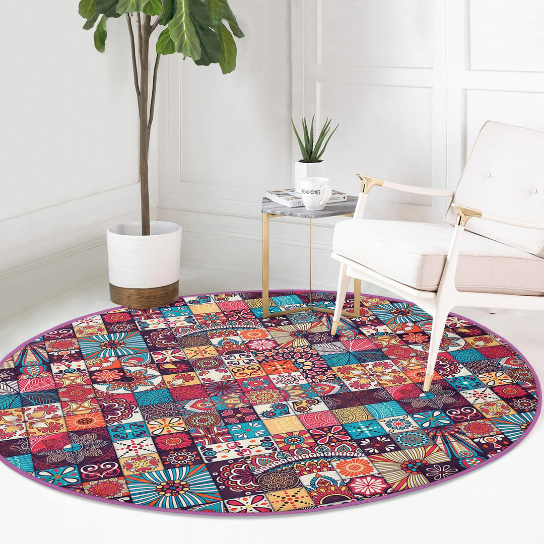 Ethnic Round Rug|Non-Slip Carpet|Geometric Circle Carpet|Abstract Design Area Rug|Cozy Home Decor|Authentic Style Multi-Purpose Area Mat