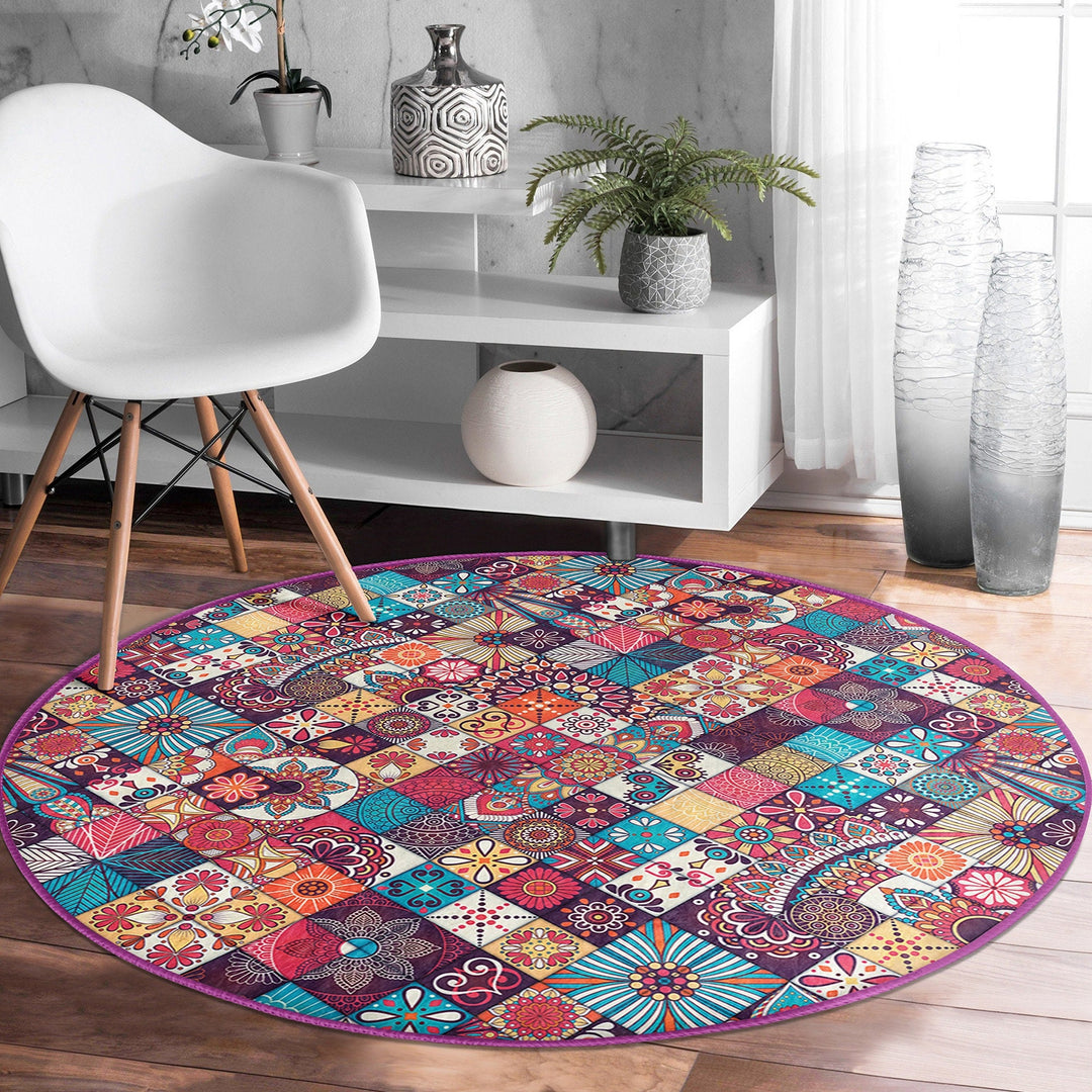 Ethnic Round Rug|Non-Slip Carpet|Geometric Circle Carpet|Abstract Design Area Rug|Cozy Home Decor|Authentic Style Multi-Purpose Area Mat