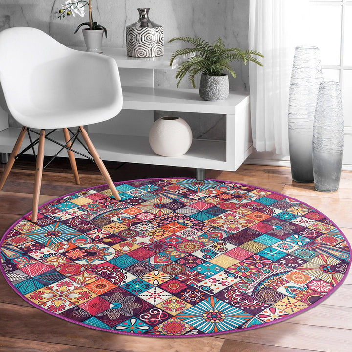 Ethnic Round Rug|Non-Slip Carpet|Geometric Circle Carpet|Abstract Design Area Rug|Cozy Home Decor|Authentic Style Multi-Purpose Area Mat