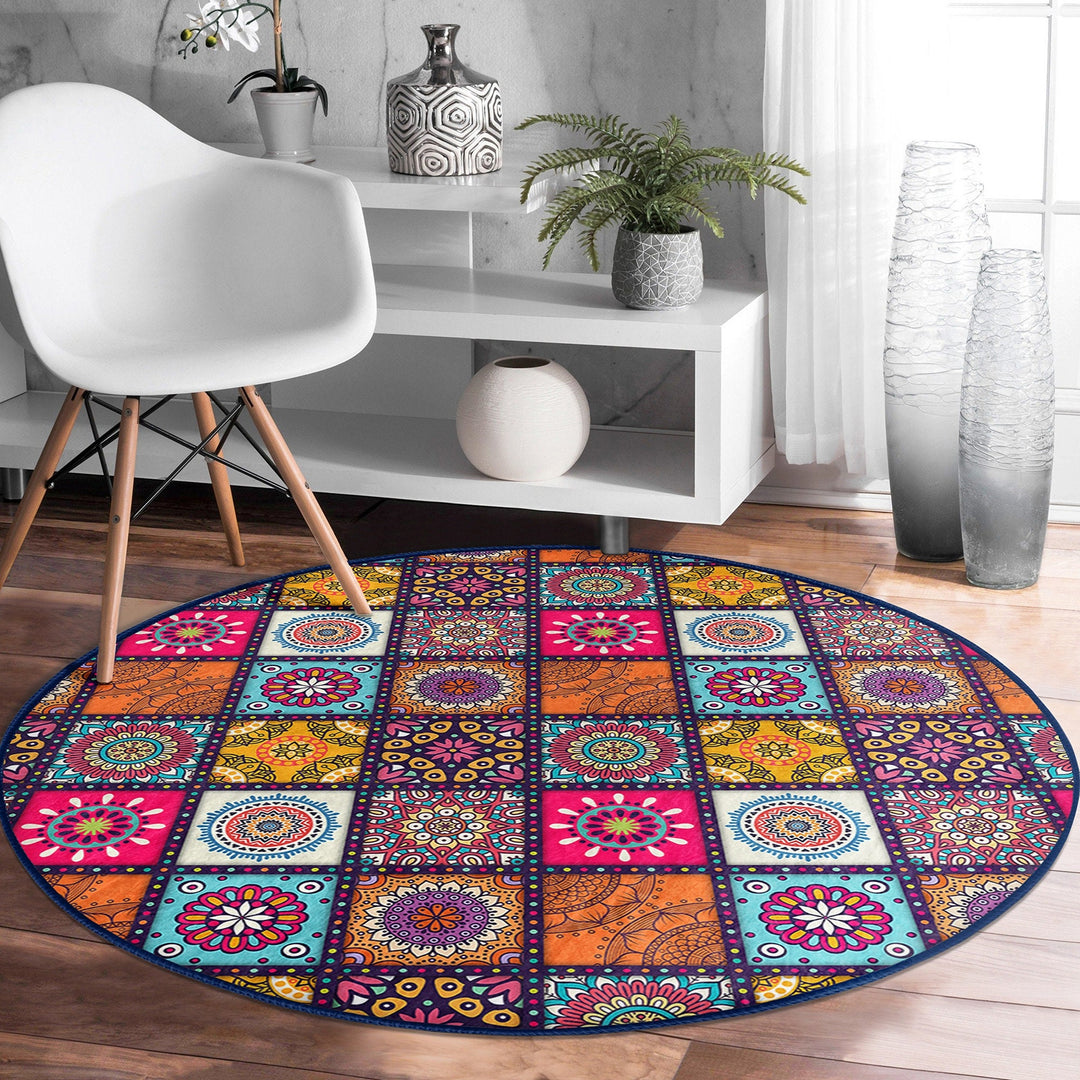 Ethnic Round Rug|Non-Slip Carpet|Geometric Circle Carpet|Abstract Design Area Rug|Cozy Home Decor|Authentic Style Multi-Purpose Area Mat