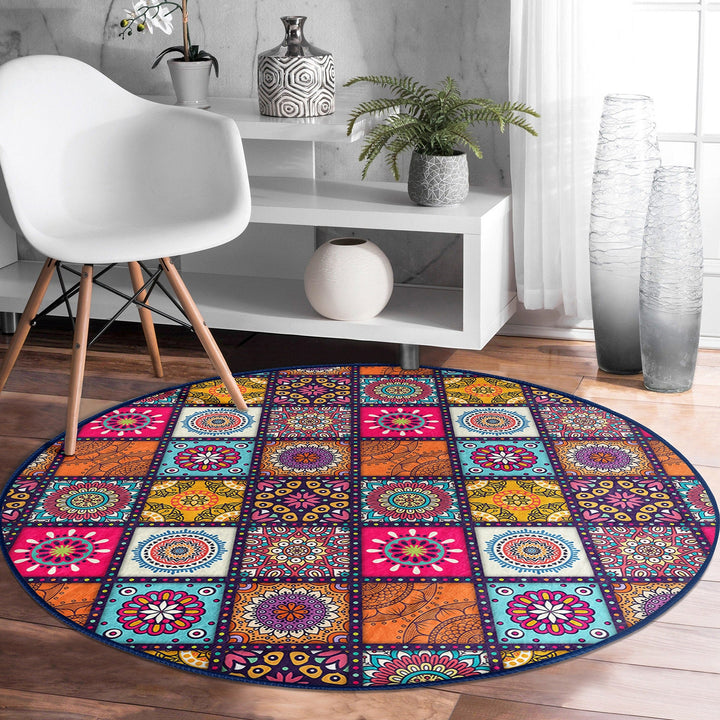 Ethnic Round Rug|Non-Slip Carpet|Geometric Circle Carpet|Abstract Design Area Rug|Cozy Home Decor|Authentic Style Multi-Purpose Area Mat