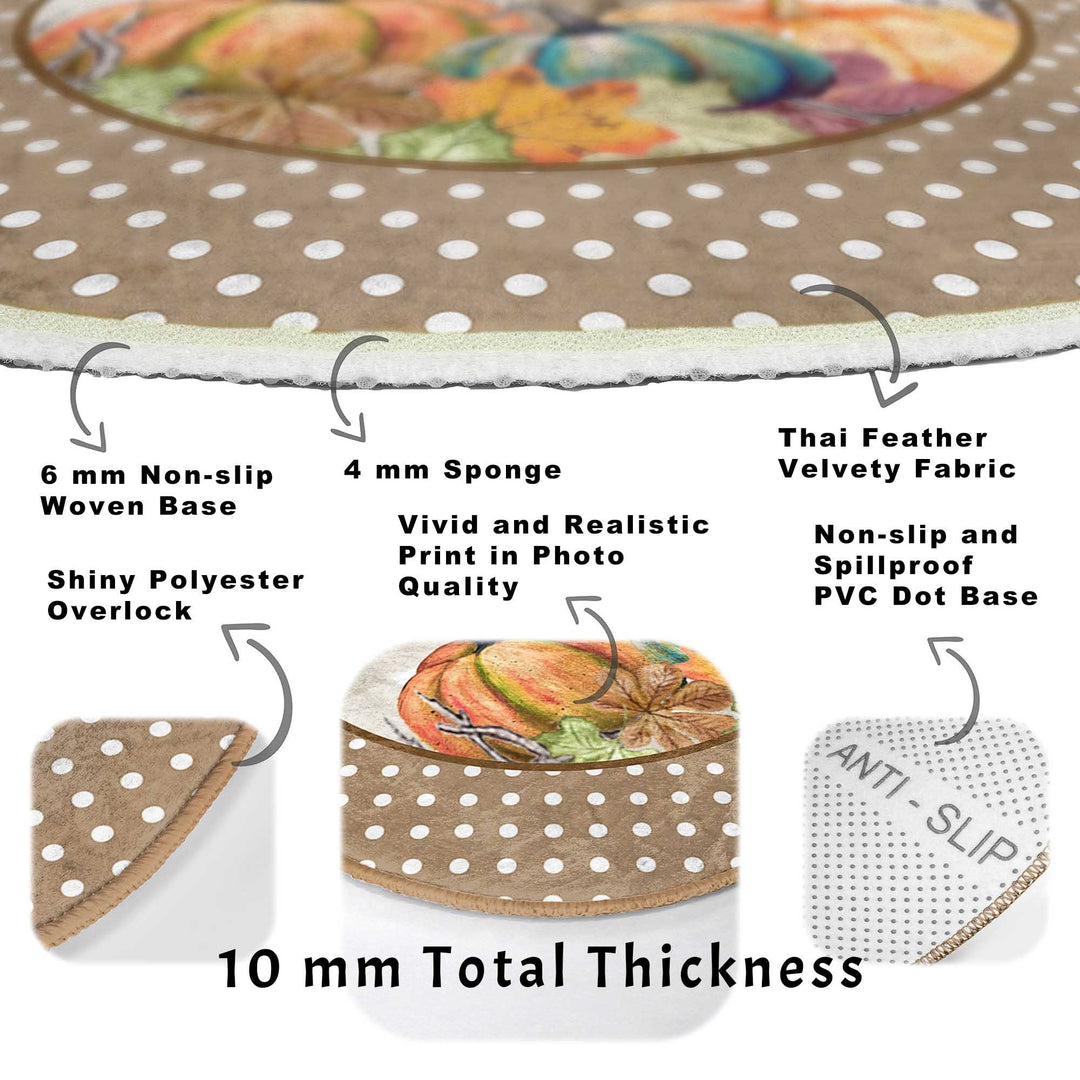 Thanksgiving Round Rug|Non-Slip Round Carpet|Floral Orange Green Gray Pumpkin Circle Rug|Gather Print Rug|Housewarming Autumn Floor Decor