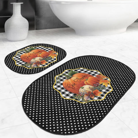 Set of 2 Hello Fall Bath Mat|Non-Slip Bathroom Decor|Autumn Bath Rug|Plaid Pumpkin Kitchen Floor Mat|Oval Shower and Home Entrance Carpet