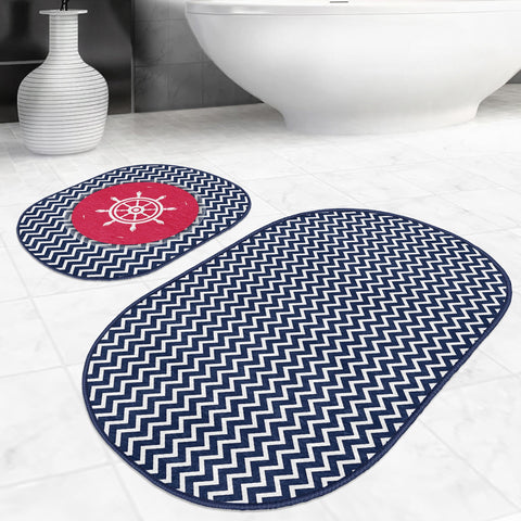 Set of 2 Nautical Bath Mat|Non-Slip Bathroom Decor|Anchor Bath Rug|Sailor Rope Kitchen Floor Mat|Oval Coastal Shower Home Entrance Carpet